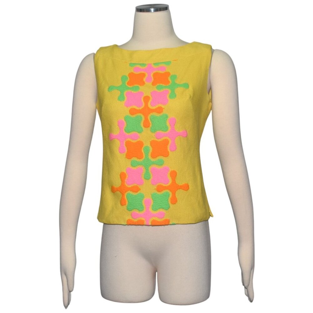 Vintage 1960s Sleeveless Top Yellow Geometric Mod MCM Embroidered Design